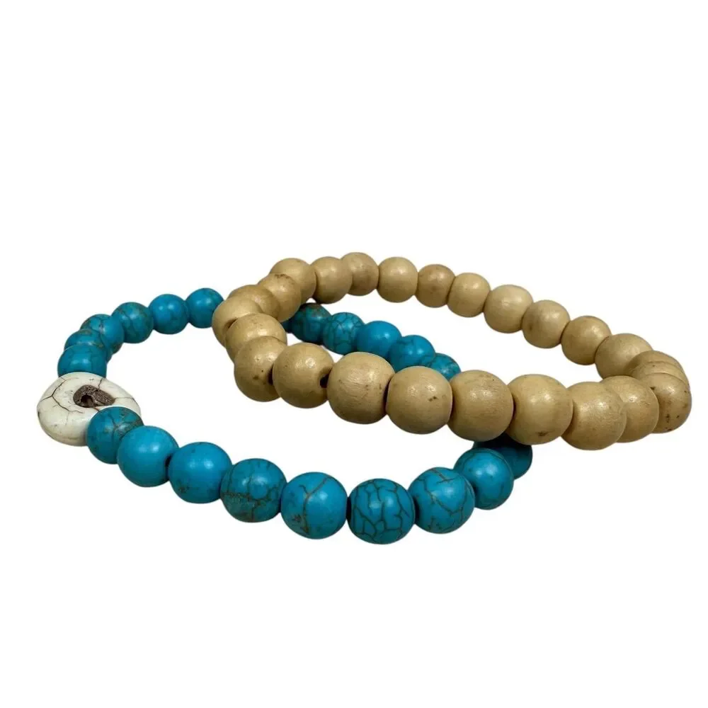 Boho Turquoise Wood Beaded Stretch Bracelet Set Stacking Beach Jewelry